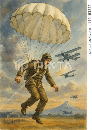 復古飛行員跳傘訓練的水彩畫 133465255
