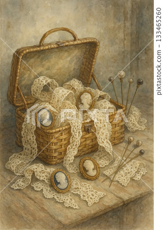 復古編織紫藤花籃,帶有花苞和針腳 | 水彩畫 復古編織紫藤花籃,帶有花苞和針腳 | 水彩畫 133465260