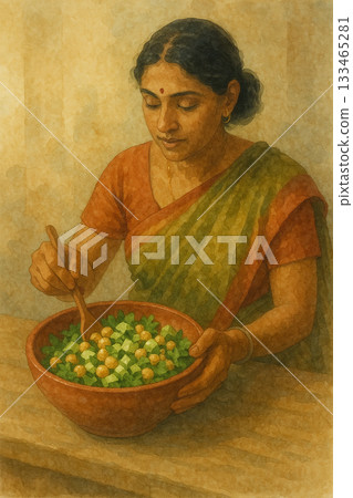 溫柔的印度婦女在攪拌蔬菜沙拉｜家常菜和日常生活 手繪水彩畫 133465281