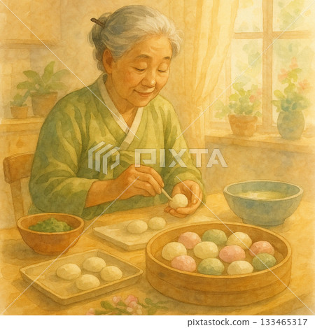 慈祥奶奶與手作湯圓的午後——溫暖家常水彩插畫 133465317
