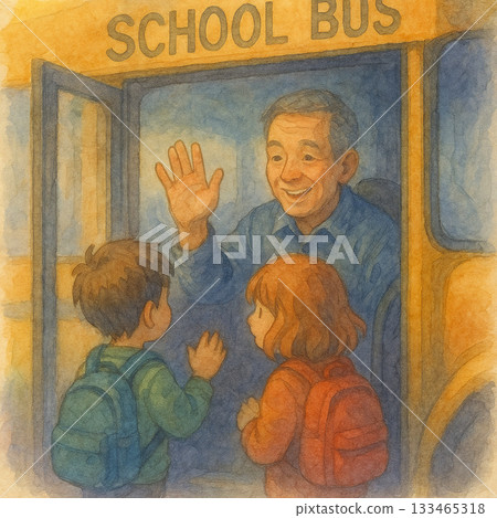 校車司機與孩子的早晨問候——溫馨校園水彩插畫 133465318
