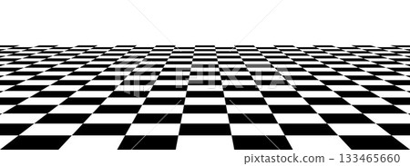 Checkerboard floor in perspective. Black and white checkered tile pattern background. Retro horizontal chess board grid plane surface. Vector vintage empty room stage checker floor 133465660