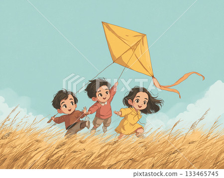 Picture book style illustration of children enjoying kite flying 133465745