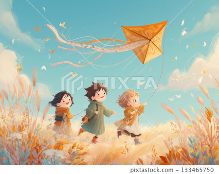 圖畫書風格的插圖，描繪了孩子們享受放風箏的快樂時光。 133465750