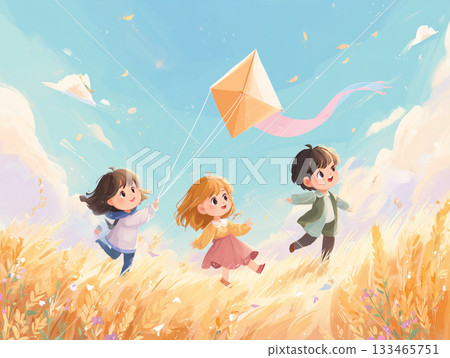 Picture book style illustration of children enjoying kite flying 133465751