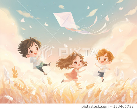 Picture book style illustration of children enjoying kite flying 133465752