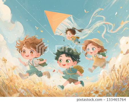 A picture book style illustration of children enjoying kite flying 133465764