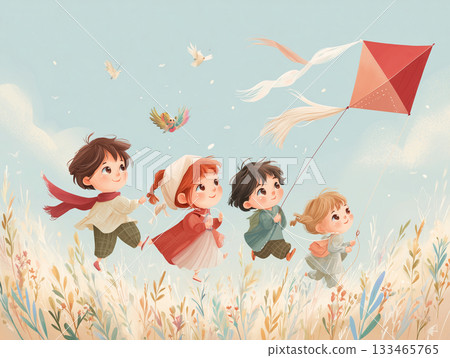 A picture book style illustration of children enjoying kite flying 133465765