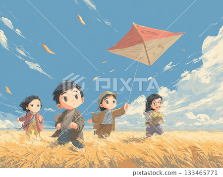一幅圖畫書風格的插圖，描繪了孩子們放風箏的快樂時光。 133465771