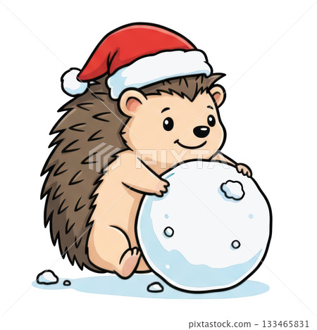 Cute happy cartoon hedgehog in Christmas hat making snowball. Adorable funny animal celebrating winter holiday 133465831