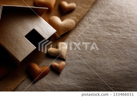 Creative flat lay of paper cutouts forming a house and hearts 133466031