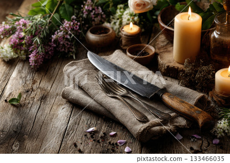 Rustic dining setup with vintage cutlery and candles 133466035
