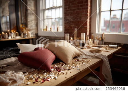 Crafting heart-shaped pillows on a busy sewing table 133466036