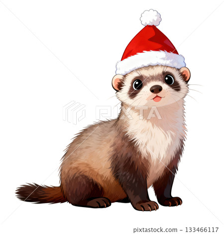 Cute happy ferret animal wearing red christmas holiday hat, looking up with charming and cheerful expression 133466117