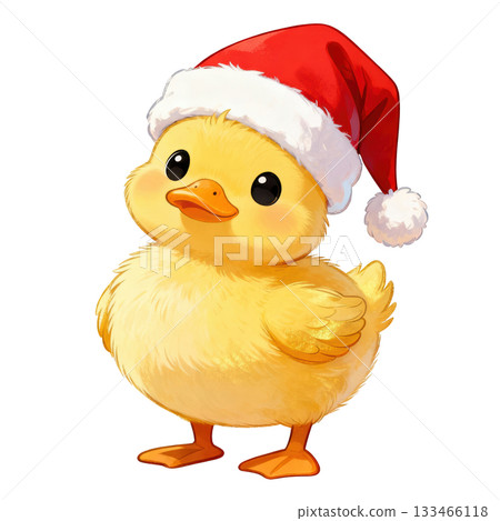 Cute yellow duckling animal wearing red Christmas hat for holiday season. festive and cheerful bird character Cute yellow duckling animal wearing red Christmas hat for holiday season. festive and cheerful bird character 133466118