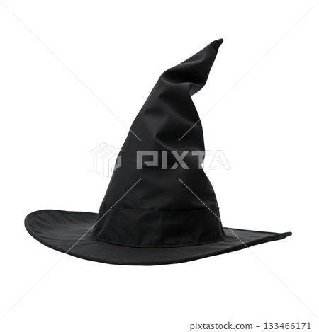 Mysterious black witch hat accessory for Halloween. This spooky, pointed magical costume for wizard or sorcerer Mysterious black witch hat accessory for Halloween. This spooky, pointed magical costume for wizard or sorcerer 133466171