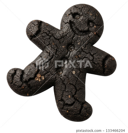 Smiling burnt gingerbread man cookie, funny overcooked baking failure and kitchen disaster with charcoal texture Smiling burnt gingerbread man cookie, funny overcooked baking failure and kitchen disaster with charcoal texture 133466204