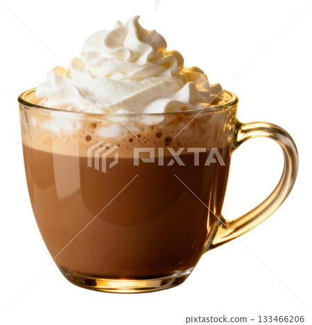 Warm cozy hot chocolate drink in glass mug with sweet whipped cream, comforting and delicious dessert beverage Warm cozy hot chocolate drink in glass mug with sweet whipped cream, comforting and delicious dessert beverage 133466206