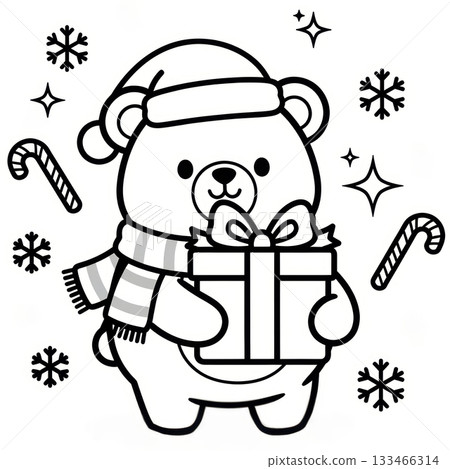 Happy cartoon bear holding gift box with santa hat and scarf for cute christmas holiday celebration Happy cartoon bear holding gift box with santa hat and scarf for cute christmas holiday celebration 133466314