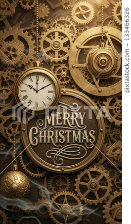 Nostalgic steampunk christmas greeting with vintage clock and mechanical gears creating festive holiday background 133466326