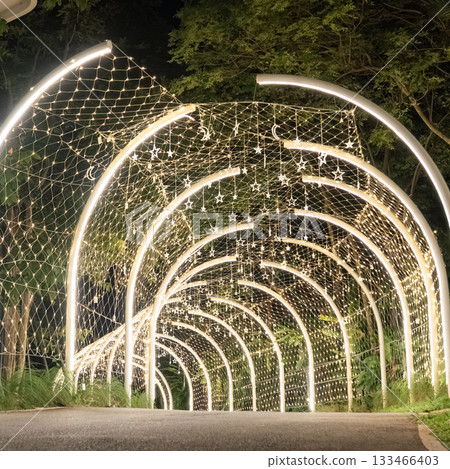A curved tunnel lined with warm lights glows softly in the dark, and the illuminated arches guide the walkway through a quiet night scene. A curved tunnel lined with warm lights glows softly in the dark, and the illuminated arches guide the walkway through a quiet night scene. 133466403