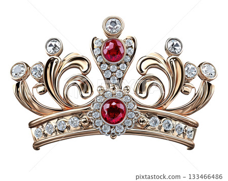 Royal gold crown brooch, elegant jewelry with ruby and diamond. Intricate, luxurious and precious accessory 133466486
