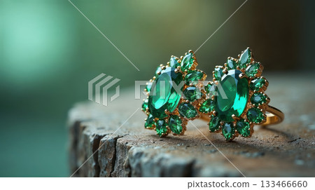 Elegant aesthetic emerald jewel earring pair. Beautiful luxury accessory and precious jewelry gift with vintage glamour 133466660
