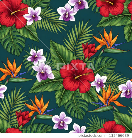 Vibrant floral seamless pattern with tropical flower like hibiscus and orchid. lush and beautiful botanical background 133466689
