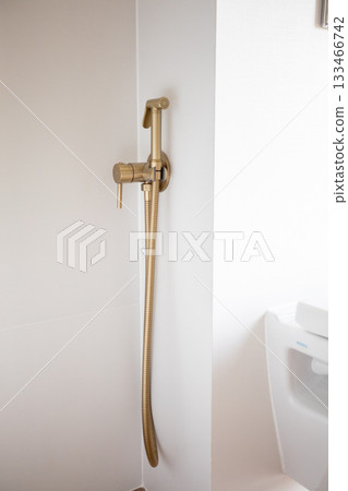 Modern bathroom accessory, Wallmounted white brass handheld shower for convenience, Compact bathroom fixture featuring flexible hose and sleek design for easy cleaning Modern bathroom accessory, Wallmounted white brass handheld shower for convenience, Compact bathroom fixture featuring flexible hose and sleek design for easy cleaning 133466742