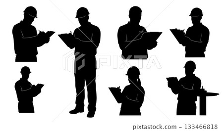 Black Solid Worker with Clipboard Silhouettes Set of Six on White Background 133466818