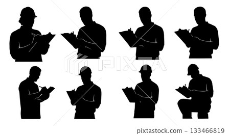 Black Solid Worker with Clipboard Silhouettes Set of Six on White Background 133466819