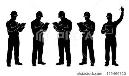 Black Solid Worker with Clipboard Silhouettes Set of Six on White Background 133466820