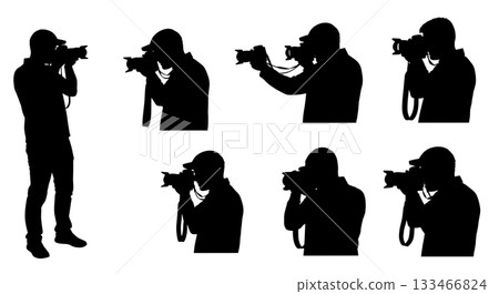 Black Solid Wrist Strap Photographer Silhouettes Set of Six on White Background Black Solid Wrist Strap Photographer Silhouettes Set of Six on White Background 133466824