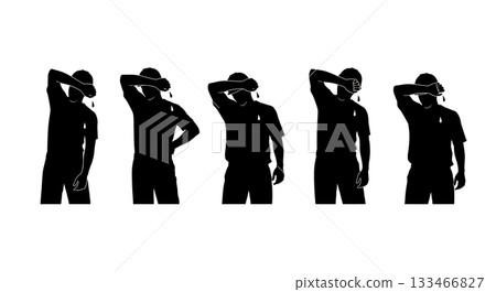 Black Solid Worker Wiping Sweat Silhouettes Set of Six on White Background 133466827