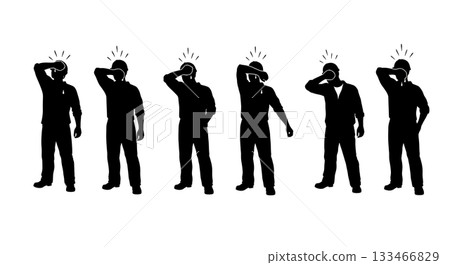 Black Solid Worker Wiping Sweat Silhouettes Set of Six on White Background 133466829