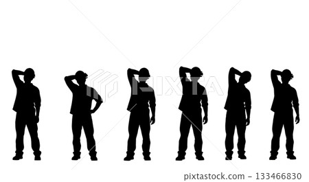 Black Solid Worker Wiping Sweat Silhouettes Set of Six on White Background 133466830