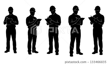 Black Solid Worker with Clipboard Silhouettes Set of Six on White Background 133466835