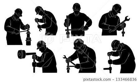 Black Solid Worker Using Wrench Silhouettes Set of Six on White Background 133466836