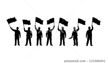 Black Solid Worker Waving Flag Silhouettes Set of Six on White Background 133466841