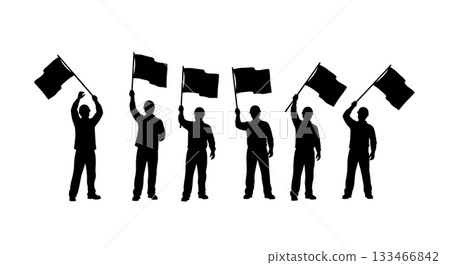 Black Solid Worker Waving Flag Silhouettes Set of Six on White Background 133466842