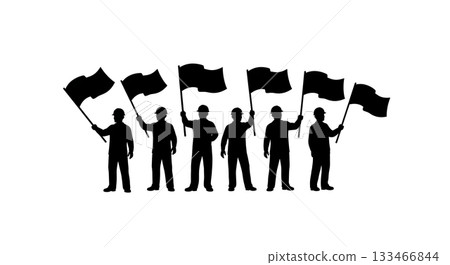 Black Solid Worker Waving Flag Silhouettes Set of Six on White Background Black Solid Worker Waving Flag Silhouettes Set of Six on White Background 133466844
