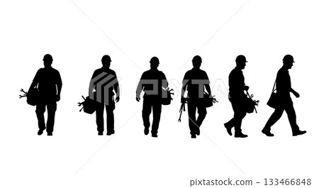 Black Solid Worker Tool Bag Silhouettes Set of Six on White Background 133466848