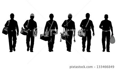 Black Solid Worker Tool Bag Silhouettes Set of Six on White Background Black Solid Worker Tool Bag Silhouettes Set of Six on White Background 133466849