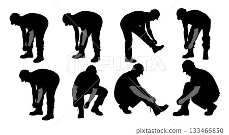 Black Solid Worker Tying Shoelace Silhouettes Set of Six on White Background Black Solid Worker Tying Shoelace Silhouettes Set of Six on White Background 133466850