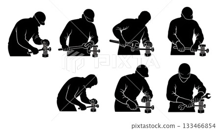 Black Solid Worker Using Wrench Silhouettes Set of Six on White Background Black Solid Worker Using Wrench Silhouettes Set of Six on White Background 133466854