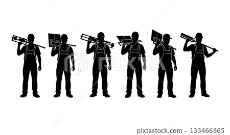 Black Solid Worker Tile Cutter Silhouettes Set of Six on White Background 133466865