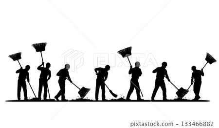 Black Solid Worker Sweeping Silhouettes Set of Six on White Background 133466882
