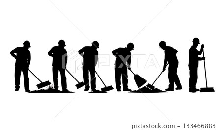 Black Solid Worker Sweeping Silhouettes Set of Six on White Background 133466883