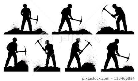 Black Solid Worker Using Pickaxe Silhouettes Set of Six on White Background Black Solid Worker Using Pickaxe Silhouettes Set of Six on White Background 133466884