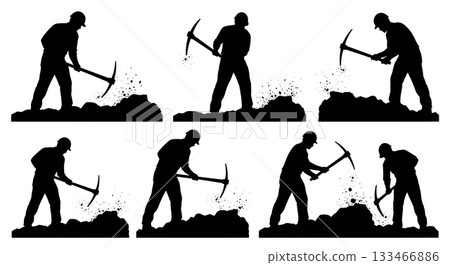 Black Solid Worker Using Pickaxe Silhouettes Set of Six on White Background 133466886